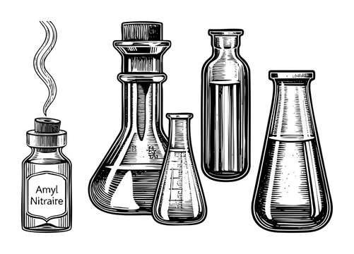 Vector Vintage laboratory glassware and a bottle of amyl nitrate are illustrated in a detailed engraving style.