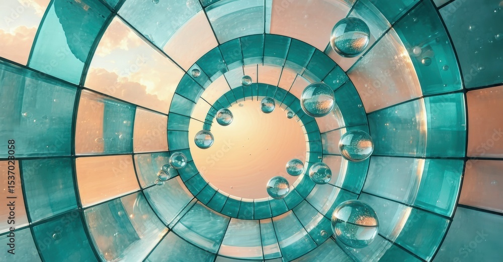 Poster abstract tunnel view. circular pattern with bubbles, warm tones, geometric shapes. modern design, in