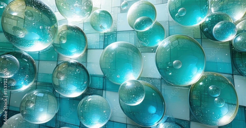 Poster Abstract installation features numerous glass spheres suspended above tiled surface. Light reflects, creating vibrant visual effect.
