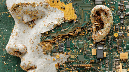 An intricate human face is sculpted from a circuit board, blending electronic components with artistic mosaic textures