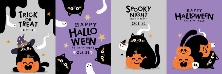 Happy Halloween greeting card with cute black cat, ghost and spooky pumpkin. Animal holidays cartoon character. -Vector.