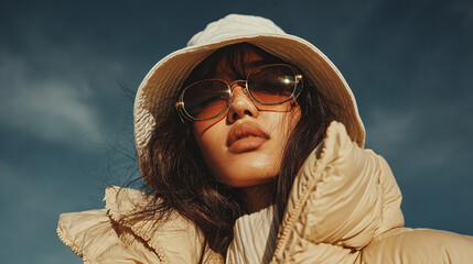 Woman in bucket hat and puffer jacket looking up at the sky.