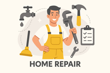 Flat-style digital vector illustration of a cheerful handyman in yellow overalls holding a wrench, surrounded by repair icons like faucet, hammer, and tools, representing home maintenance services.