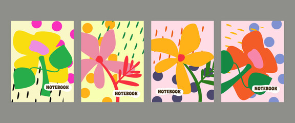  Modern Botanical Notebook Cover Design. Minimal Floral Stationery Set- Abstract Flowets. Vibrant Abstract Flowers Covers for Notebooks. Set of Trendy Abstract Notebook Covers with Flowers. Vector 
