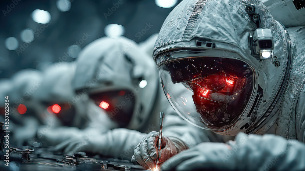 Poster scientists in protective suits performing precision work on complex electronics in a futuristic lab