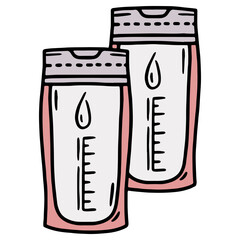 Hand drawn vector illustration of breast milk storage bags, pink and grey color