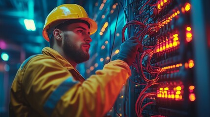 Obraz premium Technician managing server panel data center digital environment