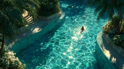 Obraz premium Woman swims alone in a sparkling turquoise pool surrounded by tropical palm trees and lush plants under warm sunlight