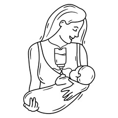 Hand drawn vector illustration of breastfeeding mother and baby with a supplemental nursing system, linear style