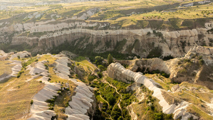 Aerial drone view of Uchisar Castle in Cappadocia,  and Goreme Turkey