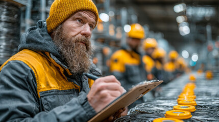 Bearded technician in orange workwear writing on a clipboard in an industrial facility