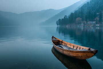Obraz premium Solitary Wooden Boat on Misty Lake Surrounded by Evergreen Forest Mountain Landscape Reflecting in Serene Water
