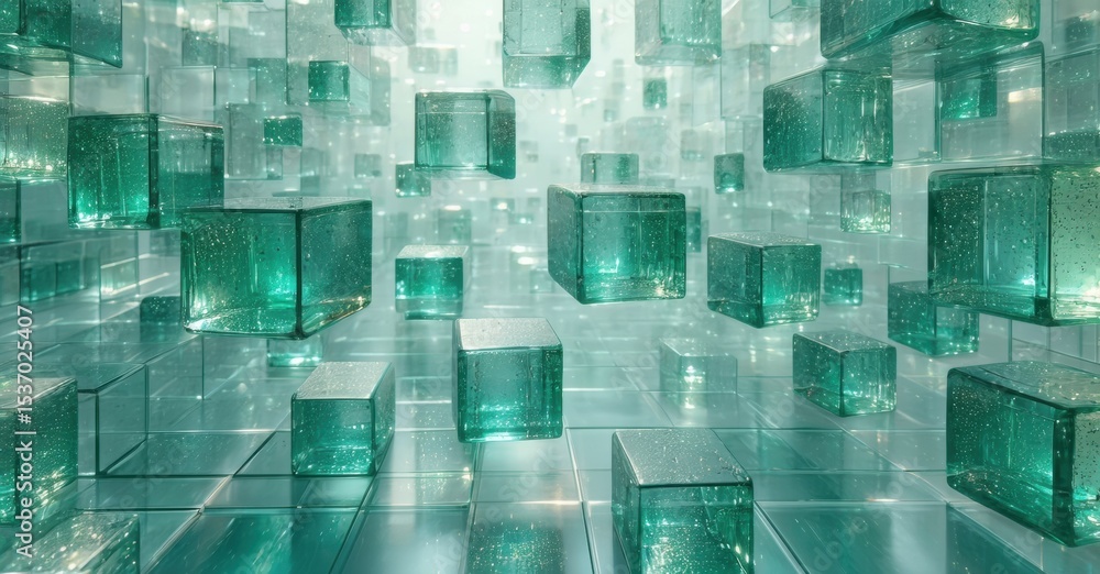 Poster Infinite space filled with translucent cubes. Reflections create mesmerizing depth, light plays across surfaces. Minimalist, futuristic design.