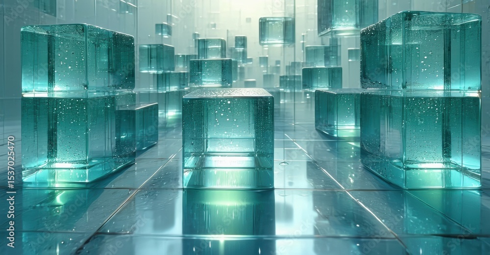 Aufkleber abstract space filled with glowing translucent cubes. light reflects off surfaces creating futuristi