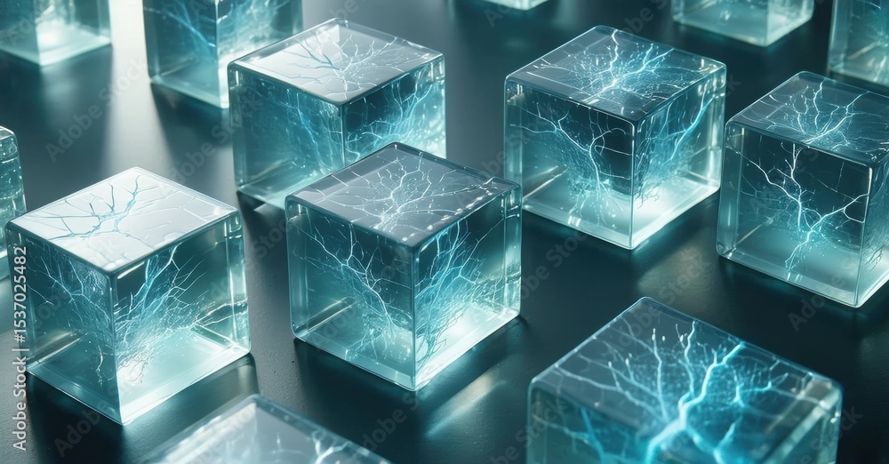 Poster Cubes glow with internal blue energy. Fractured patterns illuminate translucent forms, creating futuristic display. Minimalist aesthetic, dark background.