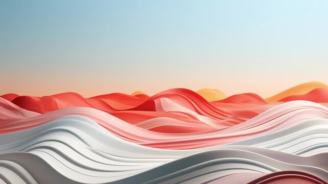 Abstract 3D landscape with colorful flowing wave shapes in pastel pink, red, and orange tones under a soft gradient sky.