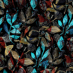 Abstract Hand Drawn Yellow Gold Blue Red Botanical Seamless Pattern with Leaves and Textures on Black Background
