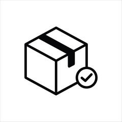 Package delivered confirmation icon. Package with checkmark, linear icon. Verified or successfully delivered parcel. Isolated on white background.