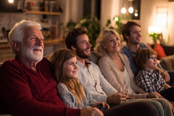 Multigenerational family enjoys quality time together, watching a movie and relaxing on the comfortable sofa in warm ambient light