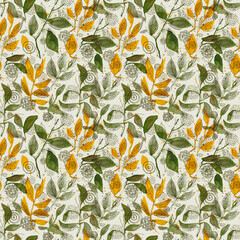 Watercolor Green and Yellow Botanical Seamless Pattern. Hand Drawn Autumn Foliage Illustration