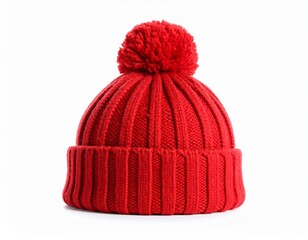 red knitted hat with pompom isolated on white background 