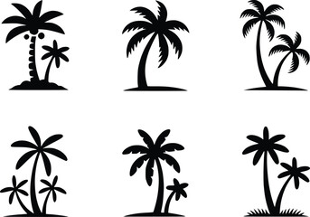 Fototapeta premium Palm Tree Black Icons Silhouette Vectors Different Style Tropical Island Graphics 