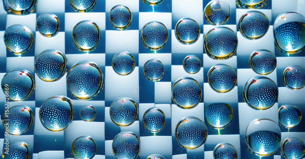 Poster blue spheres reflect checkered surface. light creates bright highlights, visual texture. pattern rep