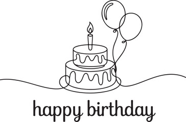 continuous single line drawing of birthday cake with candle and balloons in black line art on white background