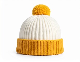 Women's knitted hat isolated on white background.hat with pompon . yellow hat .