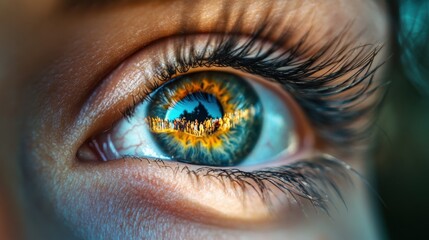 Fototapeta premium Eye reflection of a cityscape at sunset close-up nature vibrant colors artistic perspective