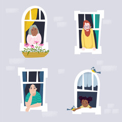 Happy Neighbors in Windows &ndash; Trendy Vector Illustration of Community and Diversity
