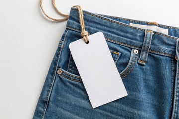 Apparel tag label mockup. A denim jeans waistband featuring a swing tag, perfect for showcasing product details in a fashion or retail context.