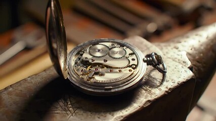 Antique pocket watch mechanism resting on a metal anvil  