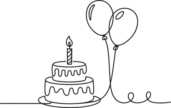 continuous single line drawing of birthday cake with candle and balloons in black line art on white background