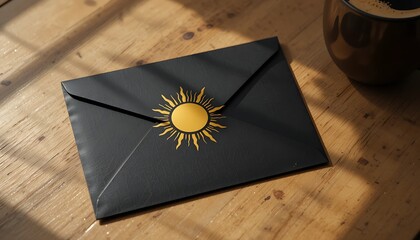 Black envelope with gold sun design on wooden table