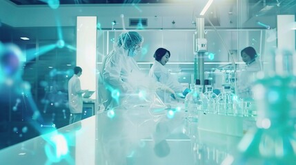 A high-tech laboratory scene with young scientists in white coats working on advanced technology， creating an atmosphere of innovation and scientific exploration.