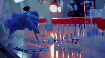 Close-up of hands in blue gloves using a test tube on a table with red vials and white paper, lab background.