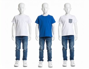 Three mannequins dressed in casual kids wear, isolated on white background.