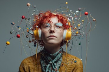 Thoughtful Woman with Red Hair, Glasses, and Headphones Surrounded by Spheres and Wires on Gray Background