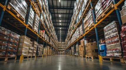Efficient warehouse operations managing inventory in a large storage facility industrial environment aerial view