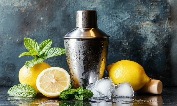 Bartender tools and ingredients for citrus-based cocktails including shaker, lemon, and mint on counter.