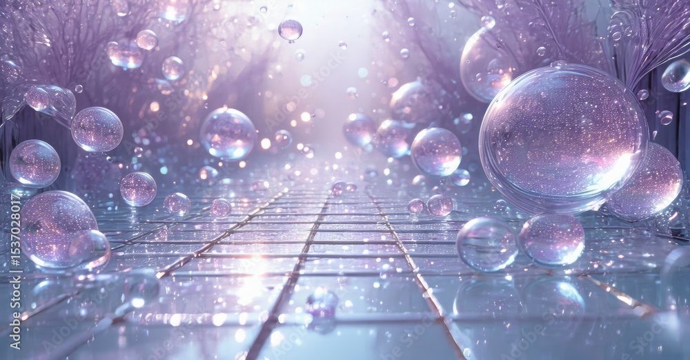 Poster Futuristic corridor filled with glowing bubbles. Light reflects off wet surfaces creating ethereal scene. Perspective draws viewer inward.