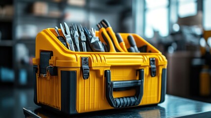 Fototapeta premium Essential toolbox filled with tools for home improvement in a modern workshop environment