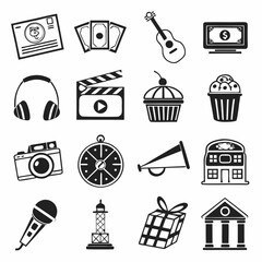 Black and white icons set travel money music film food