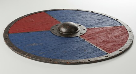Wooden Viking Shield Replica - A detailed replica of a classic Viking shield, featuring a rustic wooden design with blue and red sections and a metal boss