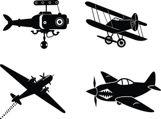 A Collection of Iconic Aircraft Silhouettes Showcasing Vintage Biplanes and Modern Fighters in Striking Black and White Graphic