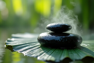 Macro shot of wet black spa stones resting on palm leaf with steam rising in the background, natural lighting