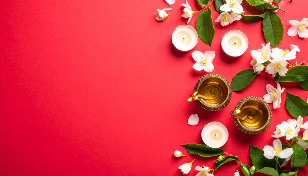 Happy Diwali. Traditional symbols of Indian festival of light. Burning diya oil lamps