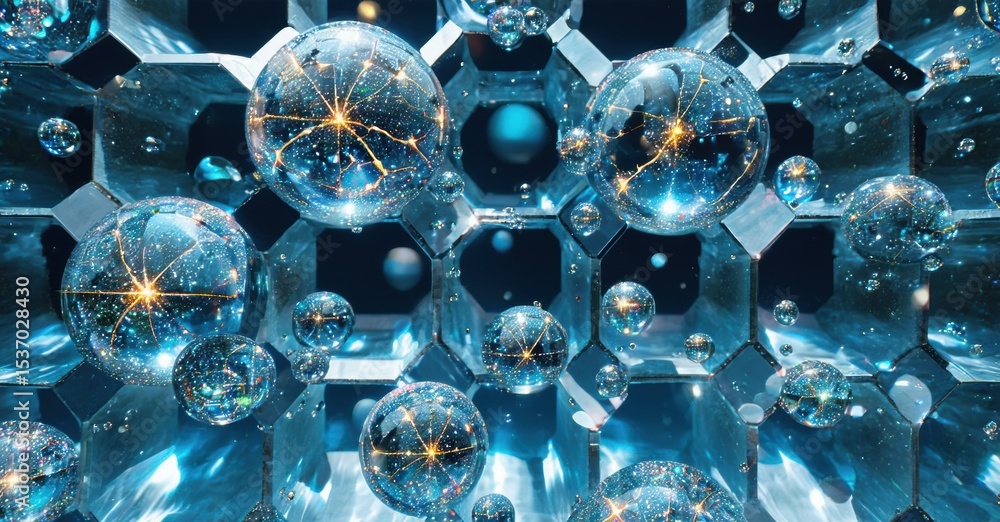 Poster Abstract blue spheres connect within hexagonal structure. Bright light emanates from internal networks, creating futuristic feel.
