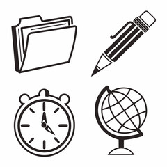 Simple black and white icons of folder pencil clock globe